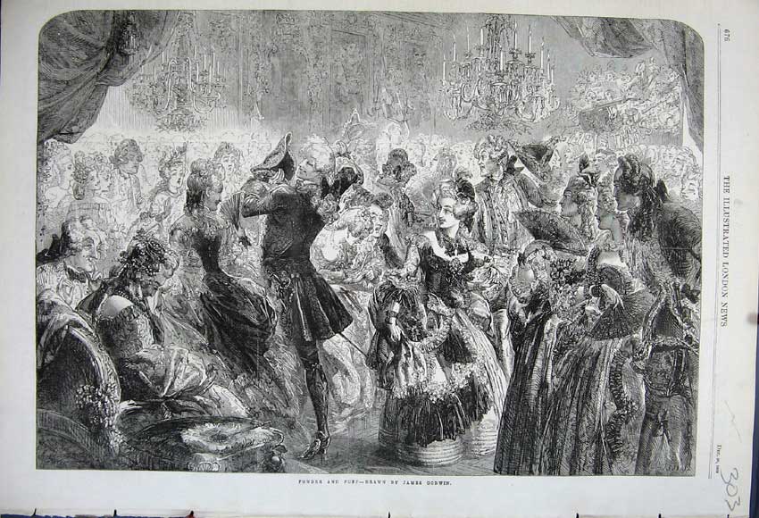 Original Old Antique Print 1862 Powder Puff Men Woman Costumes Dancing Godwin
