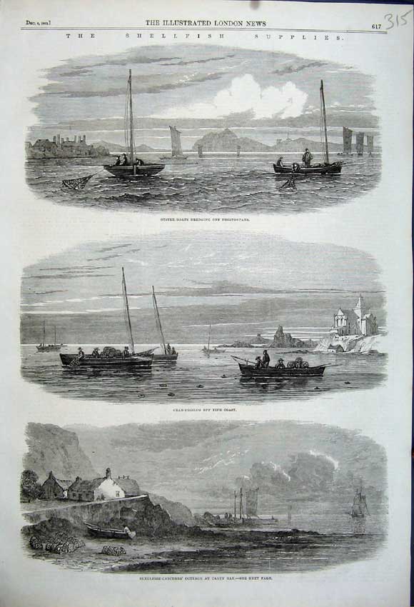 Old Antique Print Shellfish Catchers Canty 1862 Crab Fishing Fife Oyster 19th