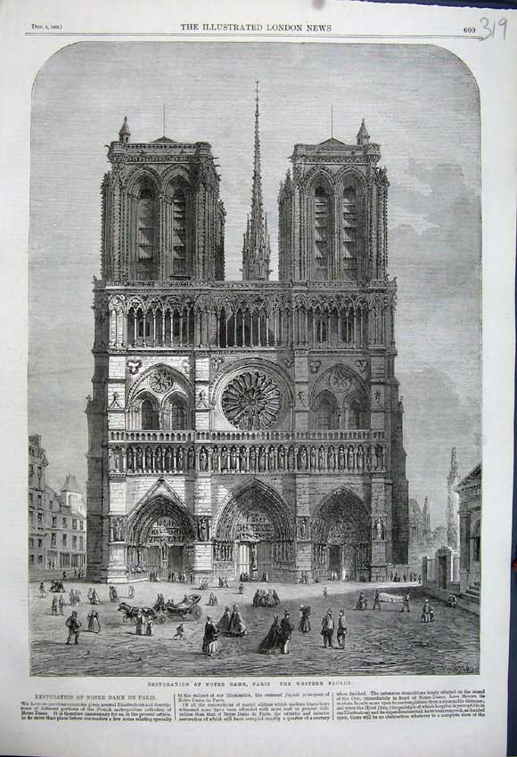 Old Antique Print 1862 Restoration Notre Dam Paris Western Faáade France 19th