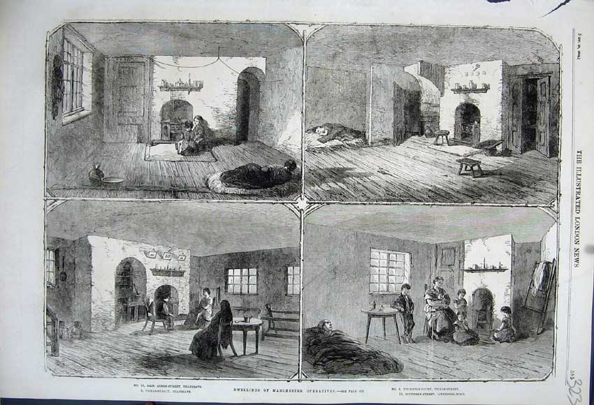 Old Antique Print 1862 Houses Manchester Operatives Deansgate Liverpool 19th