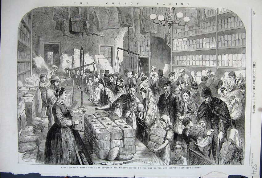 Original Old Antique Print 1862 Provision Shop Manchester Salford Provident