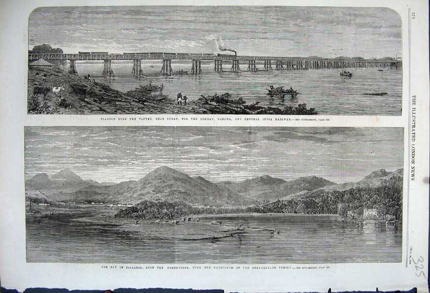 Old Antique Print 1862 Finlairg Loch Tay Perthshire Viaduct Train India 19th
