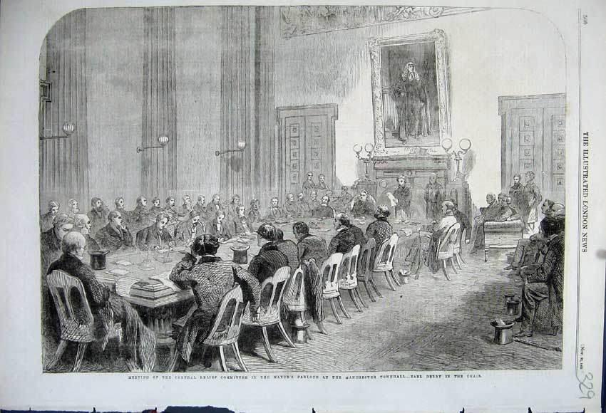 Original Old Antique Print 1862 Committee Meeting Mayor Parlour Manhester Hall