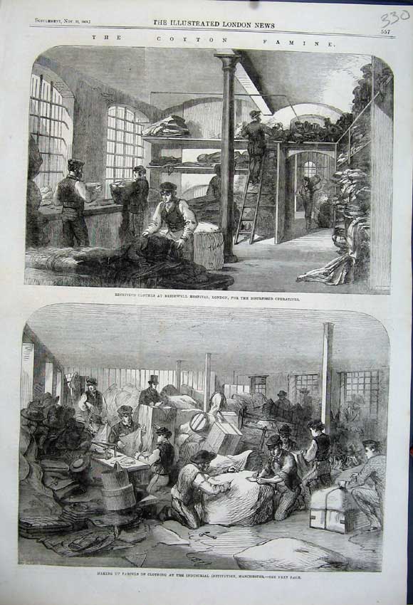 Old Antique Print 1862 Parcels Clothing Manchester Ctton Famine Hospital 19th