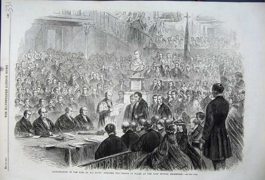 Original Old Antique Print 1862 Inauguration Bust Prince Wales School Edinburgh