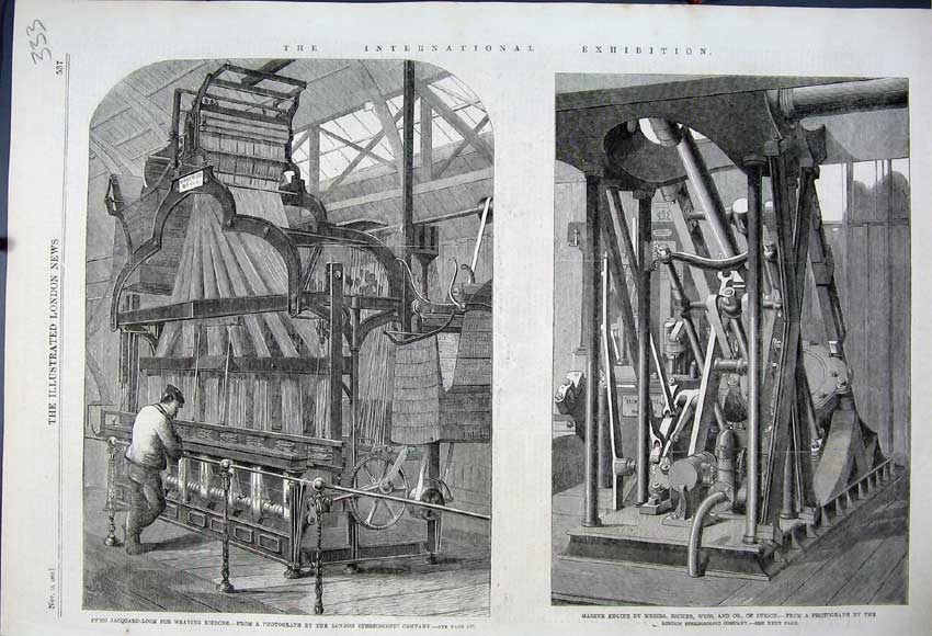 Old Antique Print 1862 Jaquard Loom Weaving Ribbons Marine Engine Zurich 19th