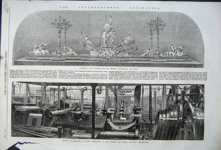 Original Old Antique Print 1862 Objects Steel Krupp Prussia Plateau Candelabra