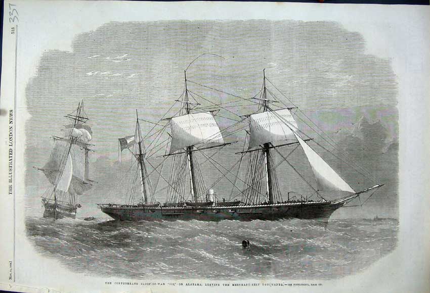 Original Old Antique Print 1862 Sloop-Of-War Alabama Merchant Ship Tonowanda