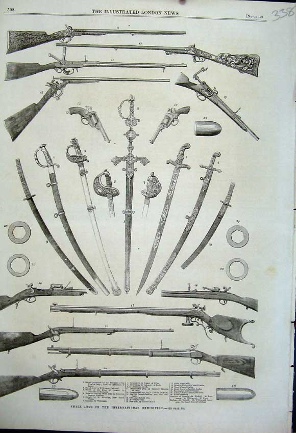 Old Antique Print Small Arms Weapons 1862 International Exhibition Sword 19th