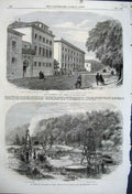 Original Old Antique Print 1862 Darmstadt Palace Hesse Oil-Springs Pennsylvania