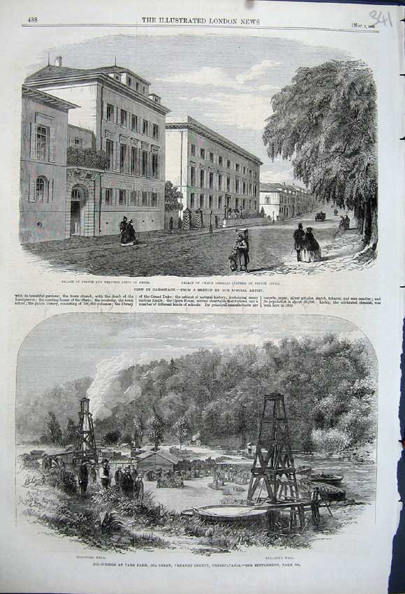 Original Old Antique Print 1862 Darmstadt Palace Hesse Oil-Springs Pennsylvania