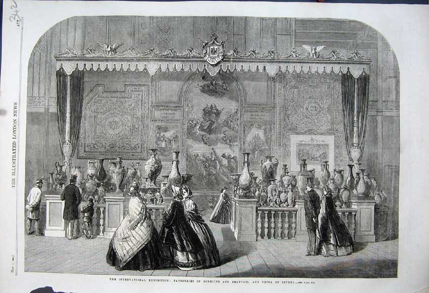 Original Old Antique Print 1862 Tapestries Gobelins Beauvais China Sevres 19th