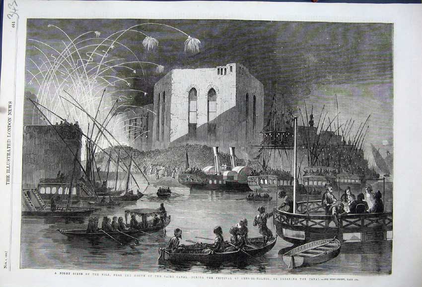 Original Old Antique Print 1862 River Nile Cairo Canal Festival Gebr-El-Haleeg