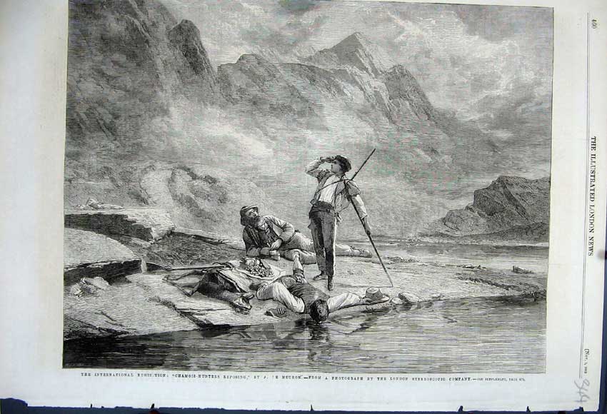 Old Antique Print 1862 Chamois Hunters Men River Mountain Rifles Meuron 19th