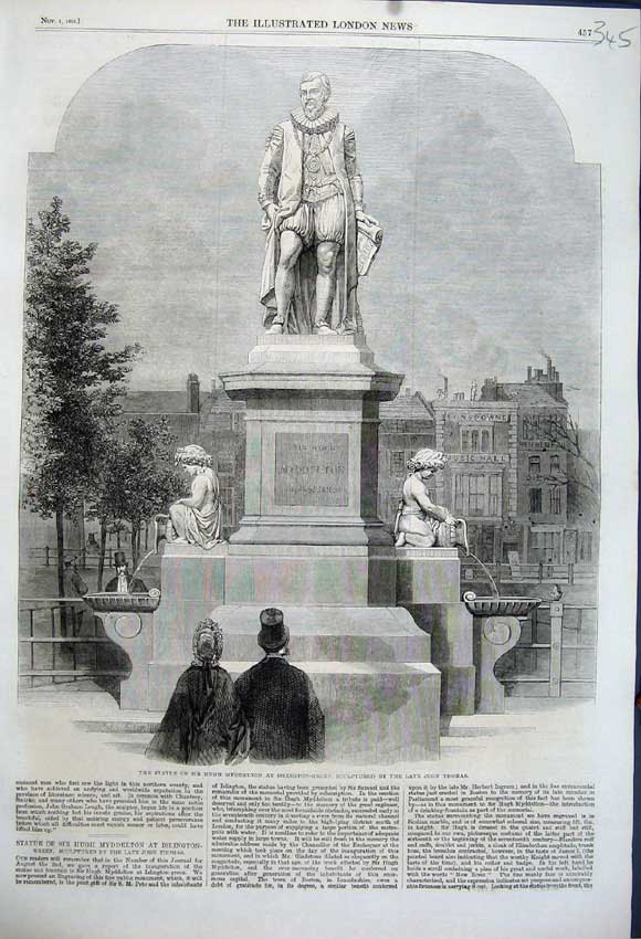 Old Antique Print 1862 Statue Hugh Myddelton Islington Green John Thomas 19th