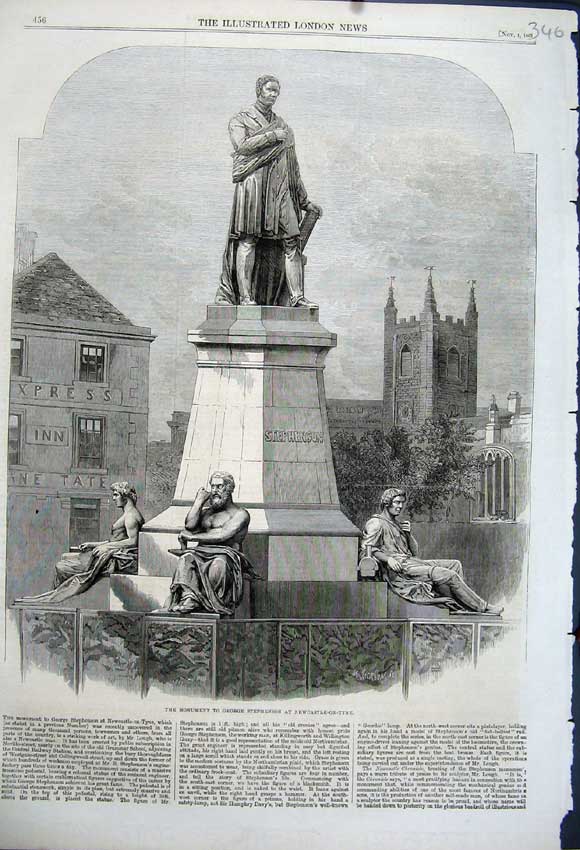 Original Old Antique Print 1862 Monument George Stephenson Newcastle-Upon-Tyne