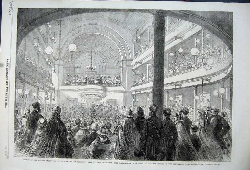 Old Antique Print 1862 Hartley Institution Lord Palmerston Theatre Clerk 19th