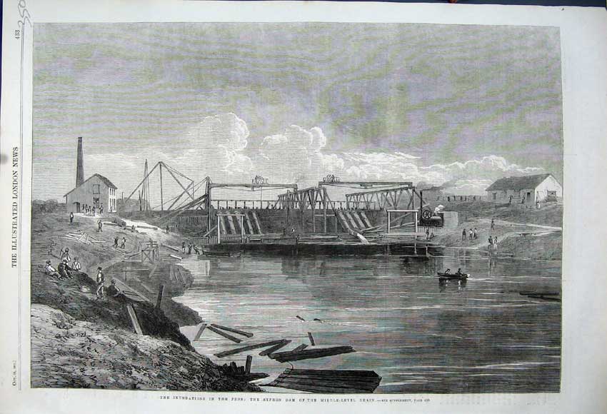 Original Old Antique Print Inundations Floods Fens 1862 Syphon Dam Drain Boats