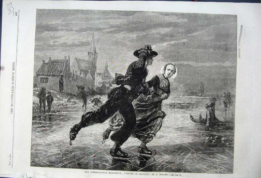 Old Antique Print 1862 Winter New Zealand Man Woman Ice Skating Romance 19th