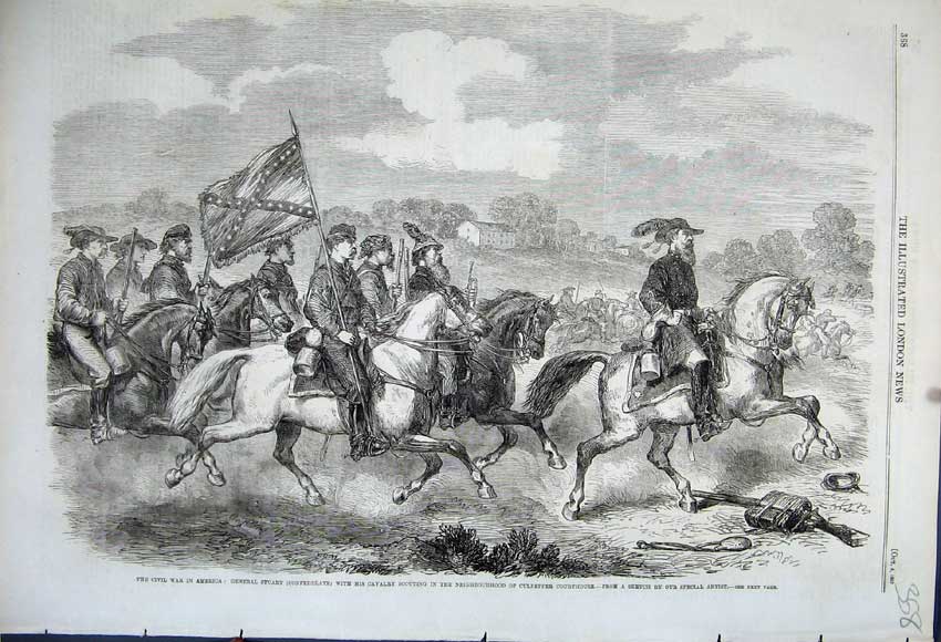 Original Old Antique Print 1862 Civil War America General Stuart Cavalry Horses