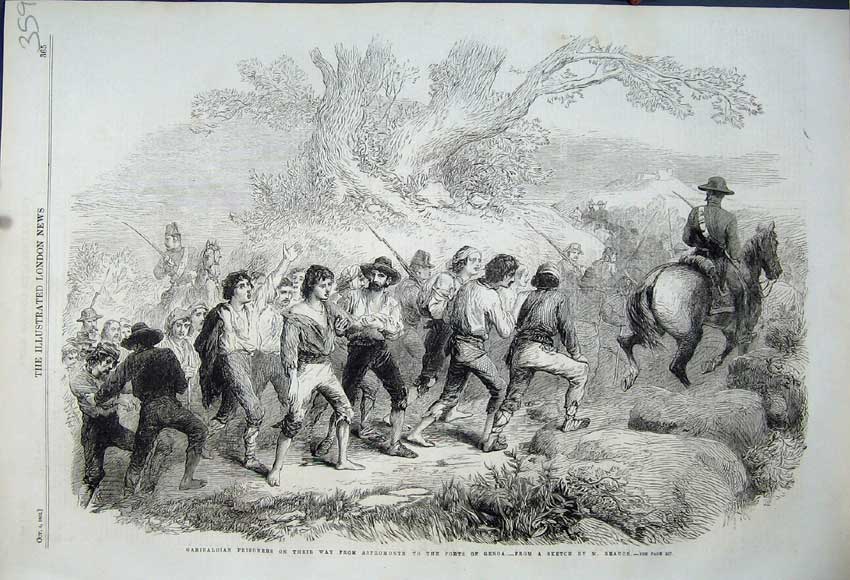 Old Antique Print 1862 Garibaldian Prisoners Aspromonte Forts Genoa War 19th