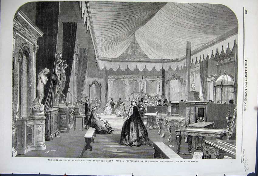 Original Old Antique Print 1862 Furniture Court International Exhibition London