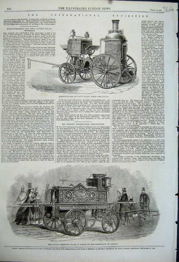 Original Old Antique Print 1862 Fire-Engine Lambeth Merryweather Patent Steam