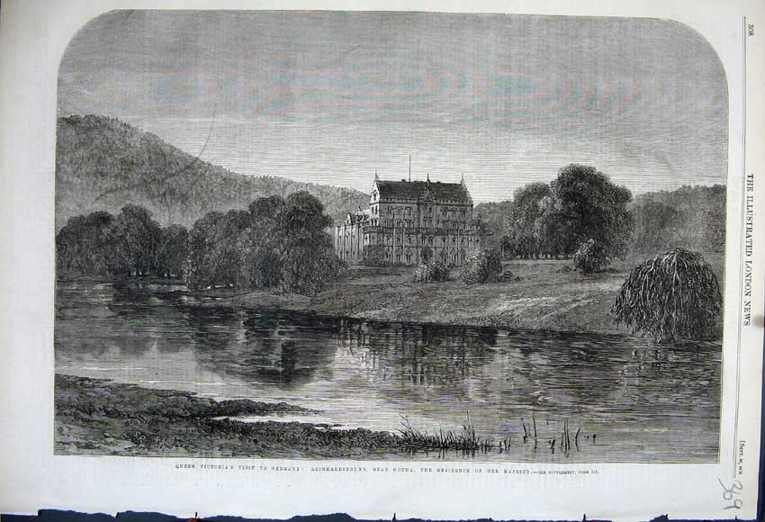 Old Antique Print 1862 Queen Victoria Germany Reinhardsbrunn Gotha Castle 19th