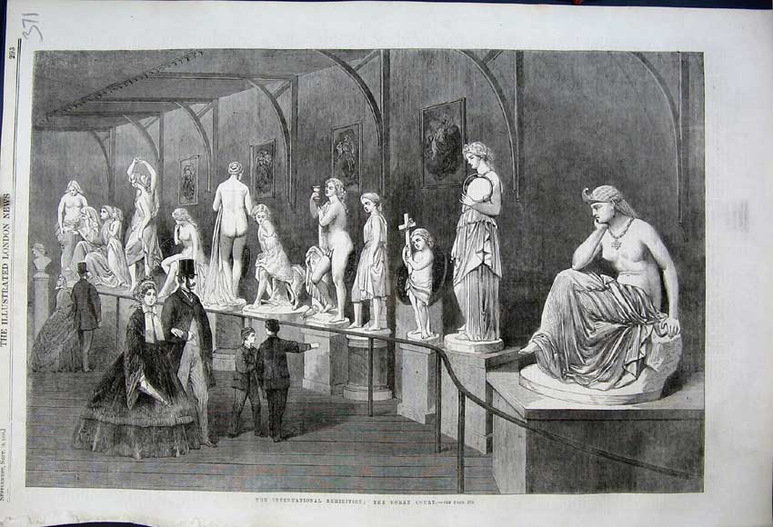 Original Old Antique Print 1862 International Exhibition Roman Court Statues