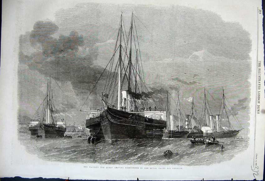 Old Antique Print 1862 Queen Greenhithe Royal Yacht Germany Sailing Ship 19th