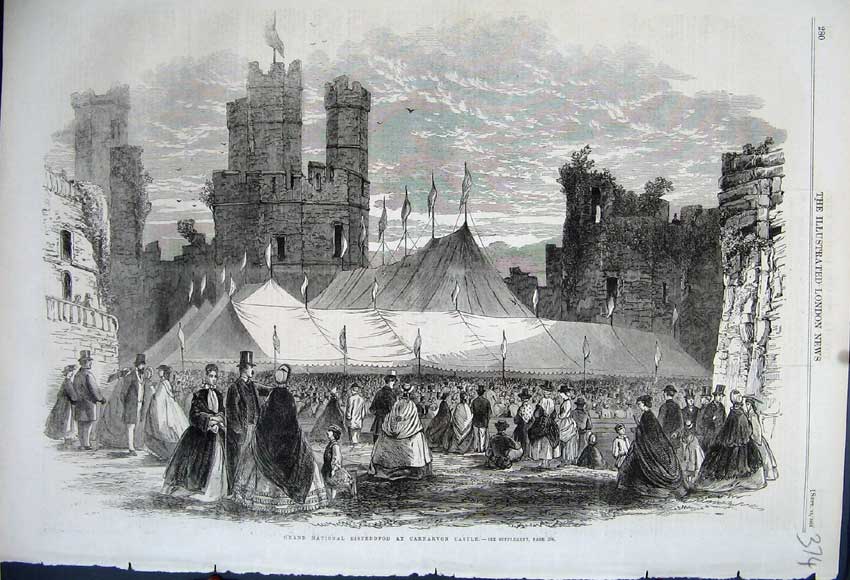 Old Antique Print 1862 Grand National Eisteddfod Carnarvon Castle Sport 19th