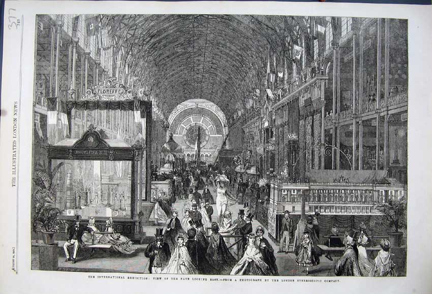 Old Antique Print 1862 International Exhibition View Nave People London 19th