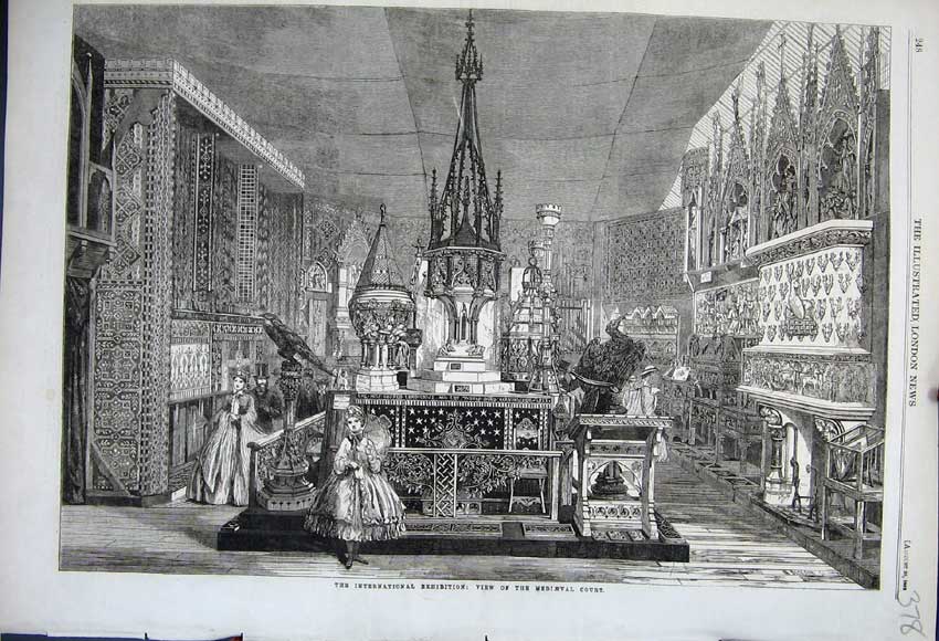 Original Old Antique Print 1862 International Exhibition View Mediaeval Court