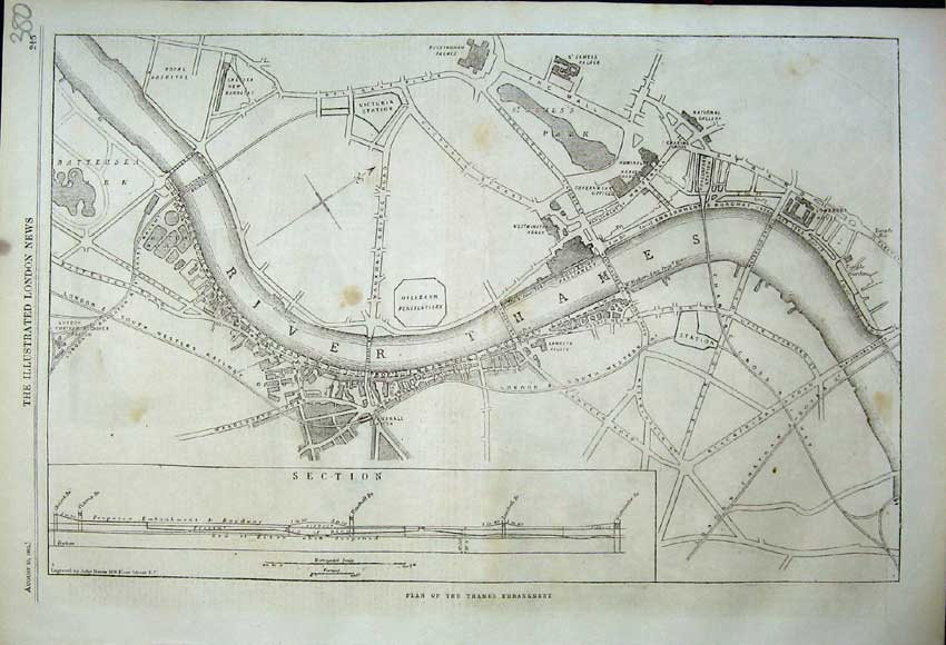Antique Old Print 1862 Plan Thames Embankment Piping Bullfinch Case James 19th