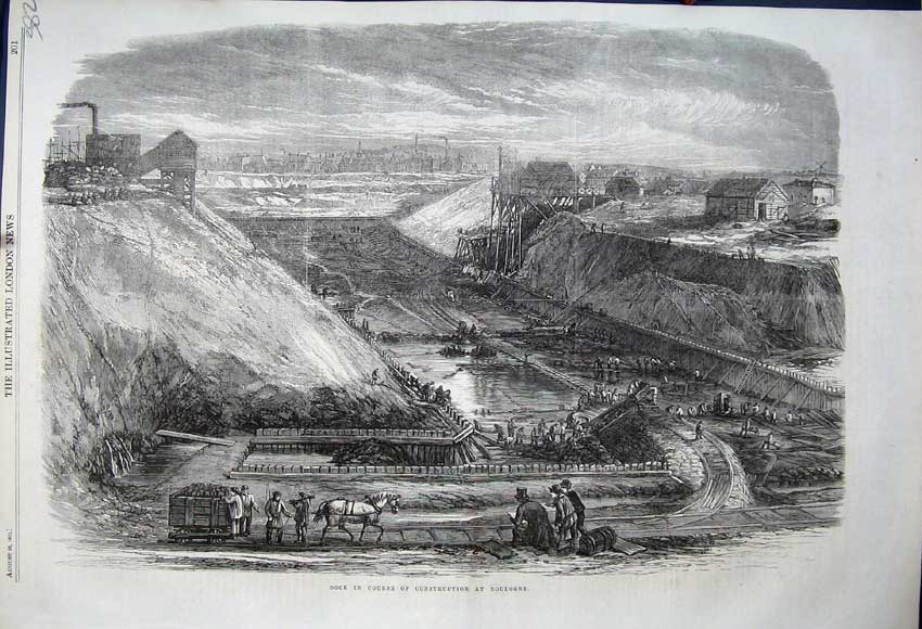 Original Old Antique Print 1862 View Dock Construction Boulogne Railway Horses