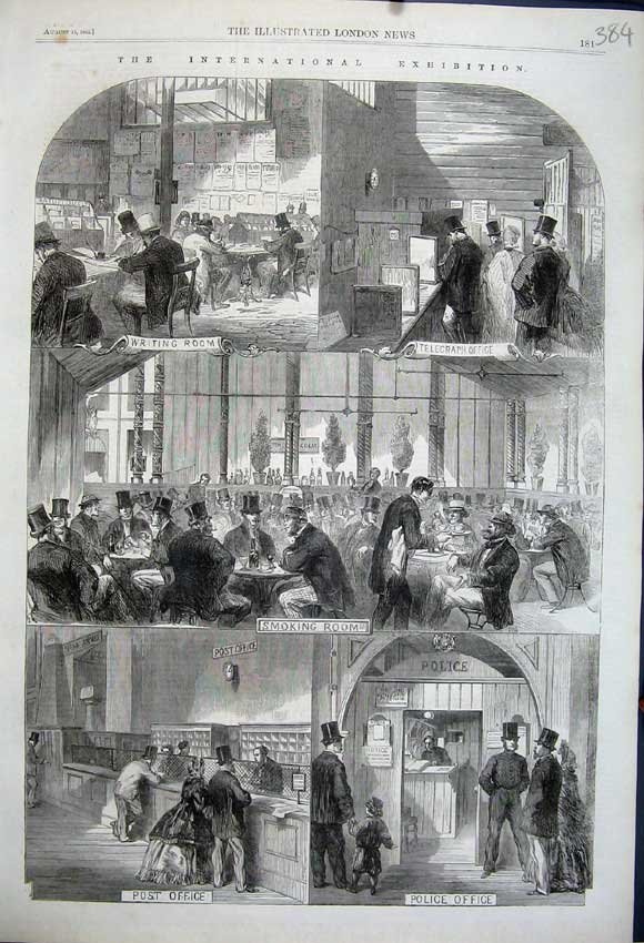 Old Antique Print 1862 Post Office Police Smoking Room Writing Telegraph 19th