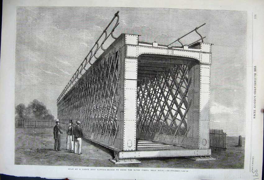 Old Antique Print 1862 Span Iron Lattice Bridge Jumna Delhi Architecture 19th
