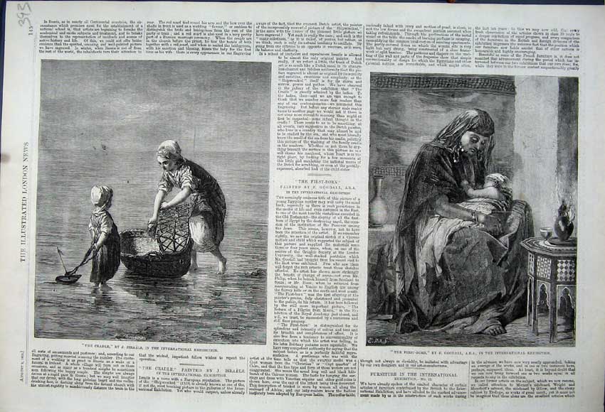 Old Antique Print 1862 Cradle Fishing Woman Children Baby Exhibition Art 19th