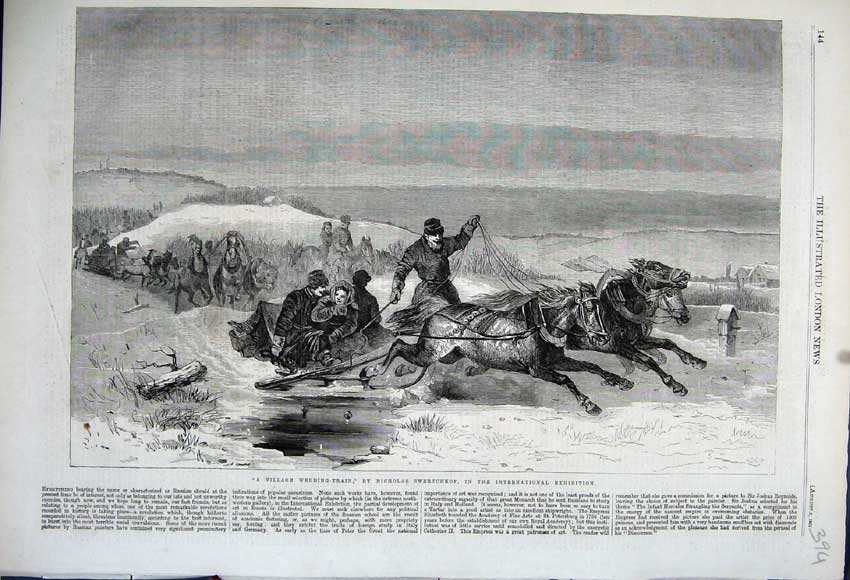 Original Old Antique Print 1862 Village Wedding Train Horses Sleigh Snow Winter