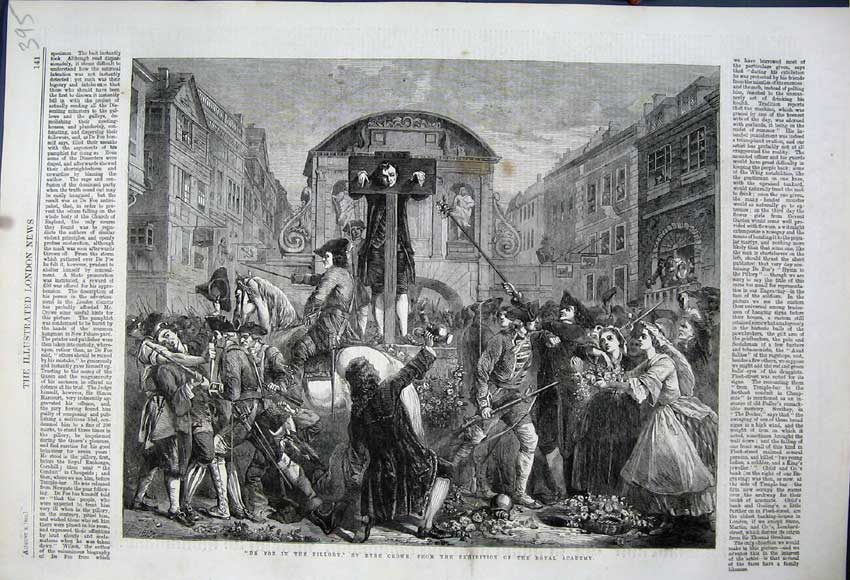Original Old Antique Print 1862 De Foe Pillory Man Stocks Eyre Crowe Exhibition