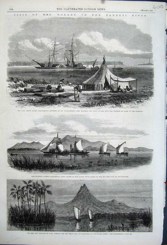 Old Antique Print 1862 Zambesi River Gorgon Makanga Pioneer Ship Nyassa 19th