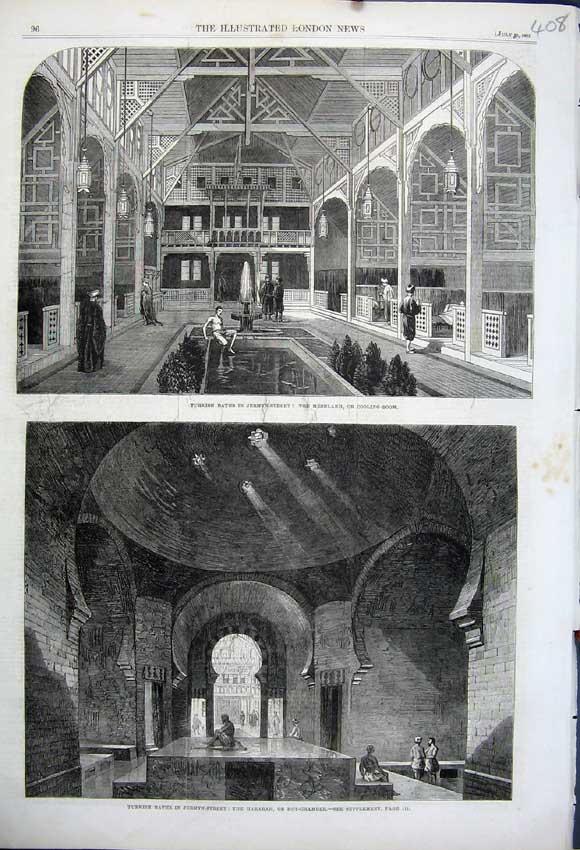 Old Antique Print 1862 Turkish Baths Jermyn Street Hararah Meshlakh Room 19th