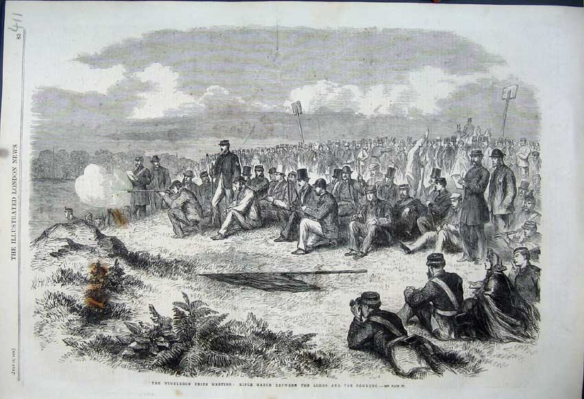 Original Old Antique Print 1862 Wimbleodn Meeting Rifle Match Lords Commons