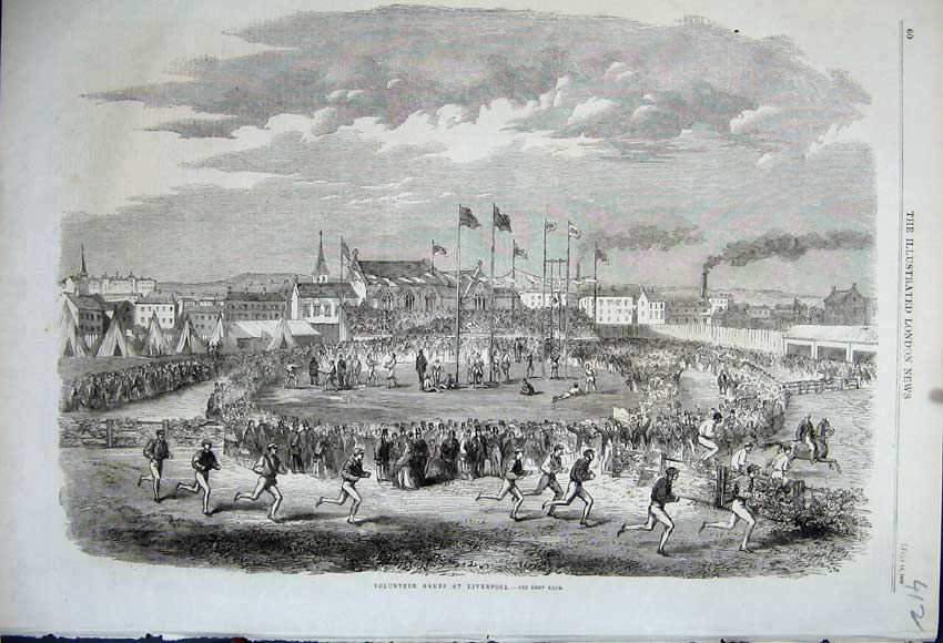 Old Antique Print 1862 Volunteer Games Liverpool Men Running Sport Race 19th