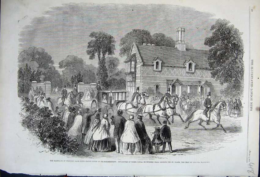 Old Antique Print 1862 Marriage Prince Louis Alice Hesse-Darmstadt Horses 19th