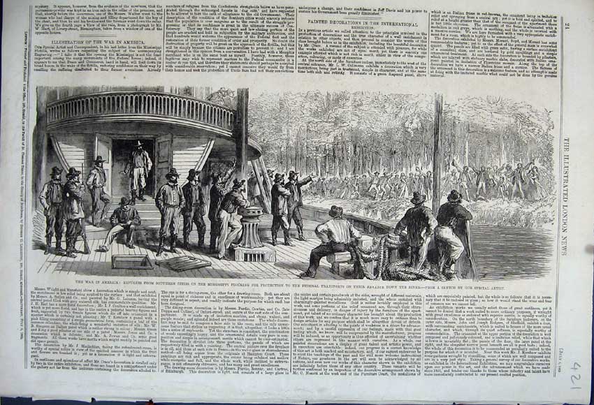 Original Old Antique Print 1862 War America Refugees Mississippi River Men Boat