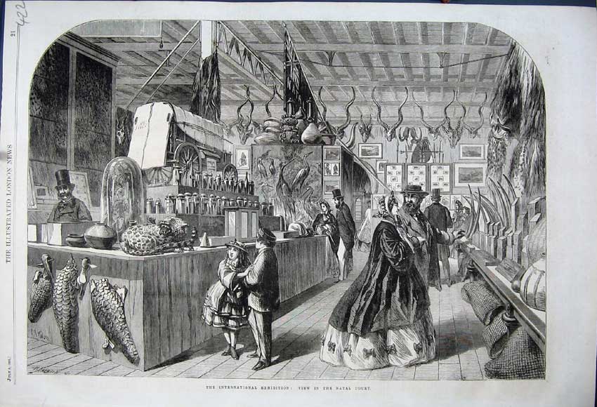 Old Antique Print 1862 International Exhibition View Natal Court People 19th
