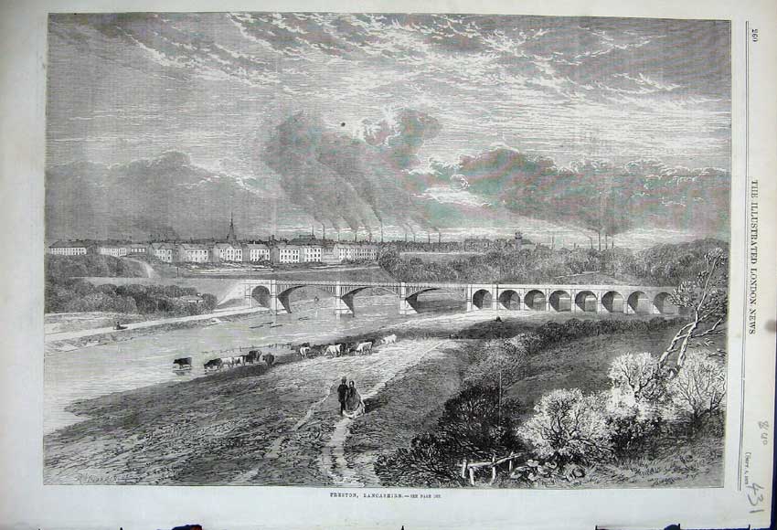 Old Antique Print 1862 View Town Viaduct Bridge River Cattle Lancashire 19th