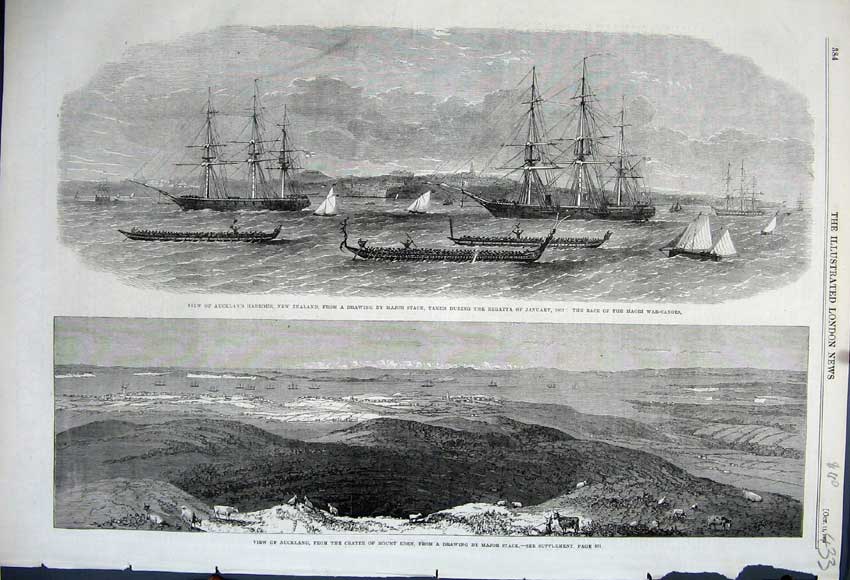 Old Antique Print 1862 Auckland Harbour Crater Mount Eden Regatta Canoe 19th