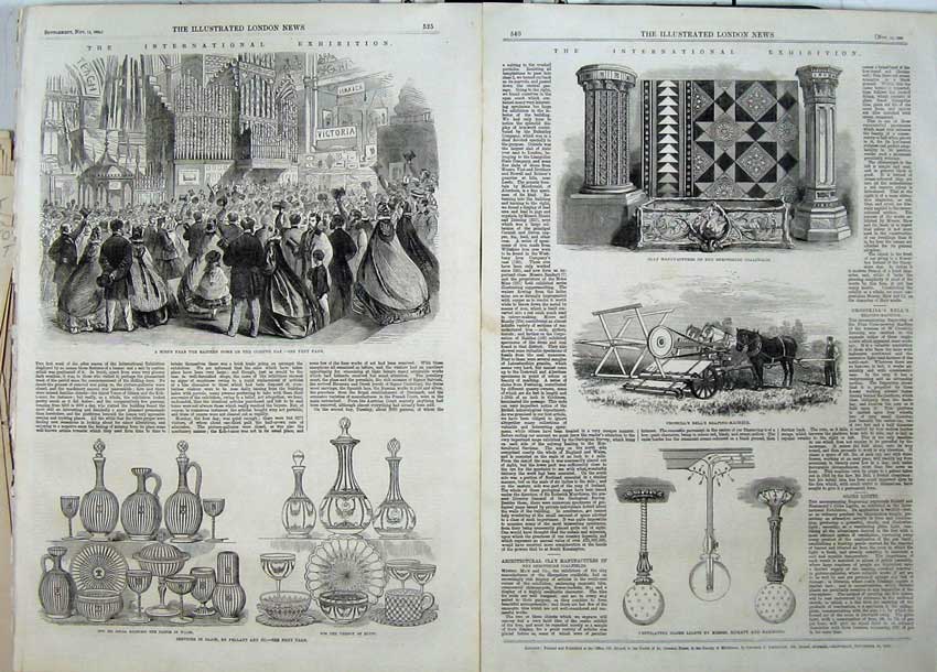 Original Old Antique Print 1862 Services Glass Croskill Reaping Machine Globe